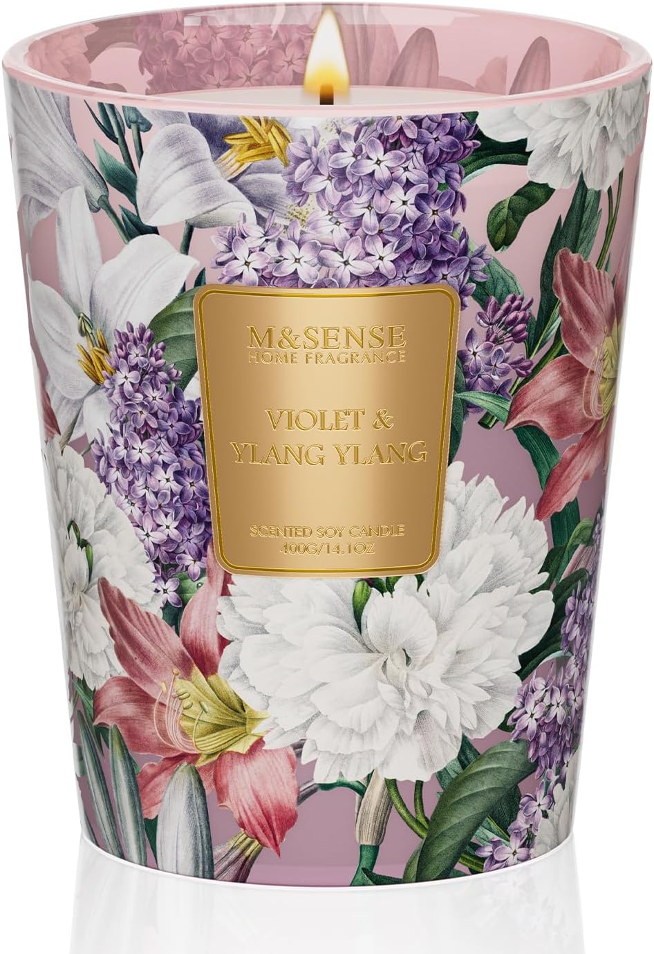 M&SENSE Violet YlangYlang Scented Candle, Soy Natural Wax Candles, 14.1oz 60H Burn Time Slow Burning, Aromatherapy Sleep Calm Home Fragrance for Women Men
