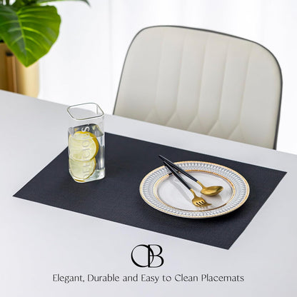 Placemats Set of 4 - Easy Clean Woven Vinyl Placemats for Dining Table, Indoor/Outdoor Place Mats, Washable PVC Table Mats（Black）