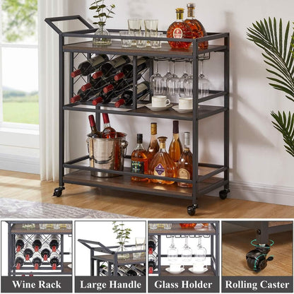 FATORRI Bar Cart for The Home with Wine Rack and Glasses Holder, Small Home Bar Serving Cart on Wheels for Liquor and Alcohol (Walnut Brown)