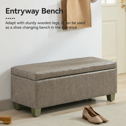 51" Faux Leather Storage Ottoman, Stitch Tufted Rectangle Upholstered End of Bed Storage Bench, Entryway Large Couch Ottoman with Wooden Legs,Grey
