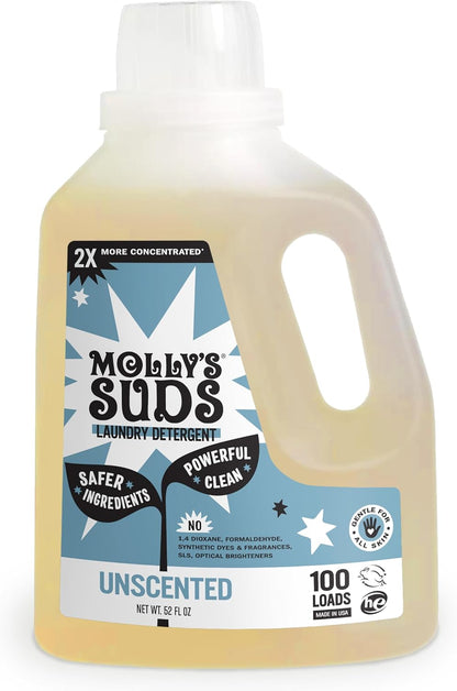 Molly's Suds Liquid Laundry Detergent | Clean Laundry Detergent Soap for Sensitive Skin | 2x Concentrated, High Efficiency (HE) | Unscented - 100 Loads