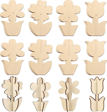 COCHIE DIY 3D Flower Spring Wood Crafts to Paint for Kids Adults, Paintable Unfinished Wooden Slices for Craft, Flowers Cutouts Ornaments for Painting Decorations (24 PCS)