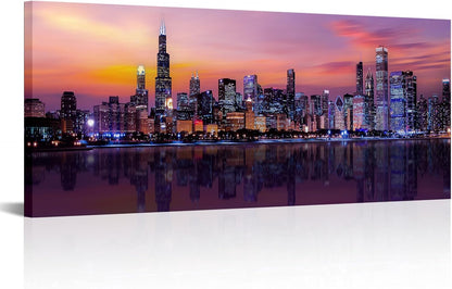 Fochorlo Large Chicago Canvas Modern City Skyline Wall Art Downtown Night Picture Prints Ready To Hang 20"X48"