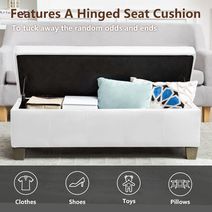 51 Inch Faux Leather Ottoman with Storage, End of Bed Bench with Large Storage, Rectangular Extra Long Bench for Bedroom and Living Room, White