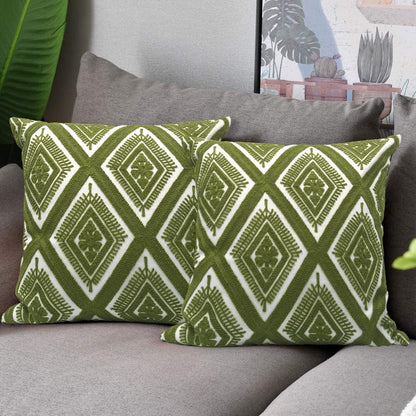 Alysheer Embroidered Decorative Throw Pillow Covers 18x18 inches Set of 2 Pieces, Boho Geometric Modern Chic Classic Pattern Cotton Cushion Cases for Sofa Couch Bed Living Room(Olive Green)