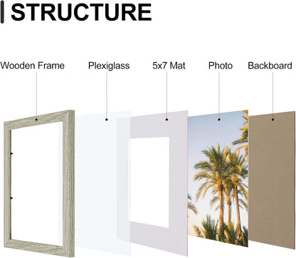 Vittanly 8x10 Picture Frames Set of 9, Shatter Resistant Plexiglass, Display 5x7 Pictures with Mat or 8x10 without Mat, Photo Frames for Wall or Tabletop, Engineered Wood, Driftwood
