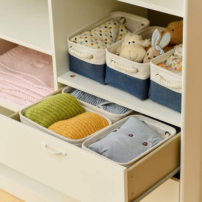 TheWarmHome Storage Basket for Organizing - Small 12x8x5.2 inch 6 Pack Collapsible Storage Bin for Shelves, Canves Storage Cubes for Organizer Cloth Box Gift Toys Closet (White & Jean Blue)