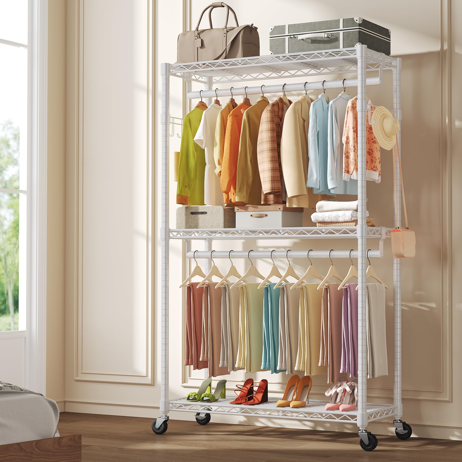 OLIXIS Clothes Rack Heavy Duty Adjustable Garment Clothing Rack with Wheels, Rolling Metal