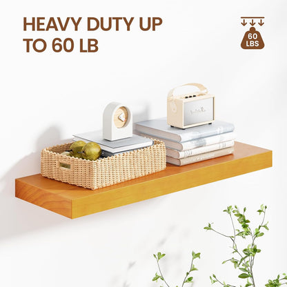 Honey Oak Brown Floating Wall Shelves 24 Inches Long x 8”x 1.4” Wooden Shelf Floating Rustic Farmhouse Decor, Heavy Duty Shelf Hold 60 lbs, Wall Shelves for Bathroom Living Room Kitchen Bedroom Office