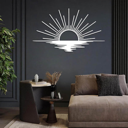 Sunrise Metal Wall Art, Metal Sun Wall Decor, Sun Outdoor Wall Art, Abstract Sunrise Wall Decor, Boho Home Hanging, Living Room Wall Hanging (White, 30"x18"/76x45cm)
