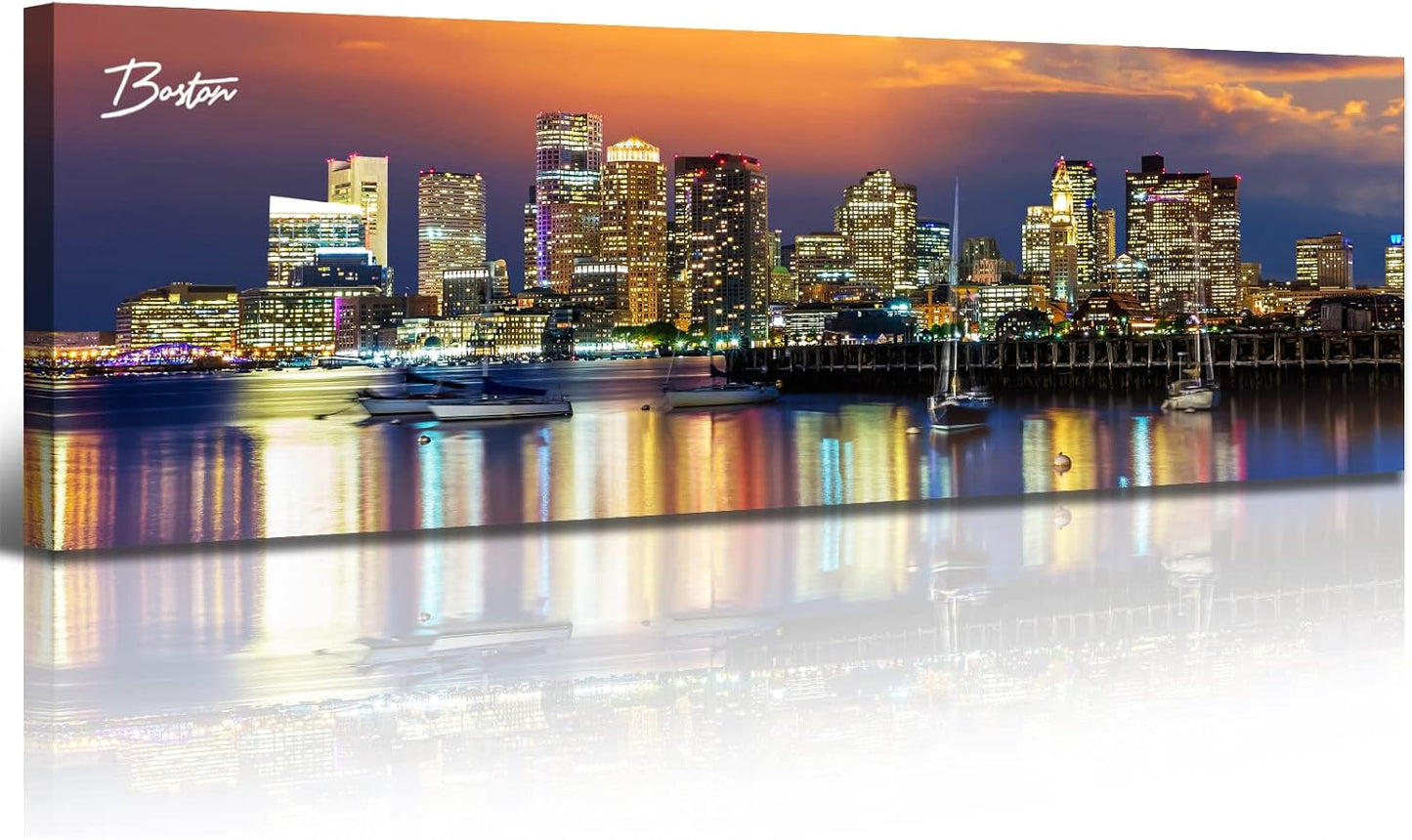 DJSYLIFE Boston Skyline Wall Art Canvas Prints Colorful USA City Night Pictures Modern Panoramic Cityscape Posters Paintings for Bedroom Office Decor, Ready to Hang 13.8"x45.3"
