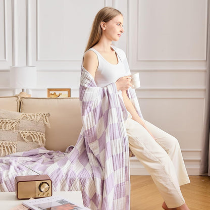 EMME Checkered Throw Blanket Cotton for Couch Soft Muslin Blankets 50"x60" Lightweight Breathable Cooling Soft All Season Gauze, Lavender