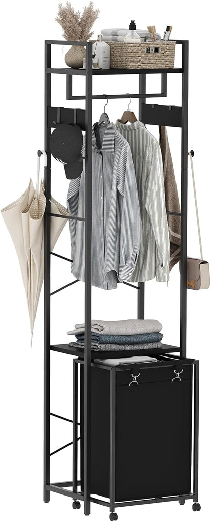 Coat Rack with Laundry Basket, Laundry Hamper Freestanding Hall Tree, Clothes Rack with Storage Shelves, 14.5 Gal Removable Bags on Wheels, Black JLH005B