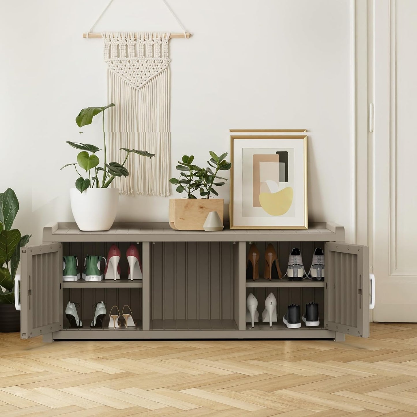 ROJIK Shoe Cabinet Waterproof UV-Resistant,Storage Bench Indoor Outdoor with Adjustable Shelves,for Entryway Bedroom,Hallway,Living Room(2 Door,Grey)