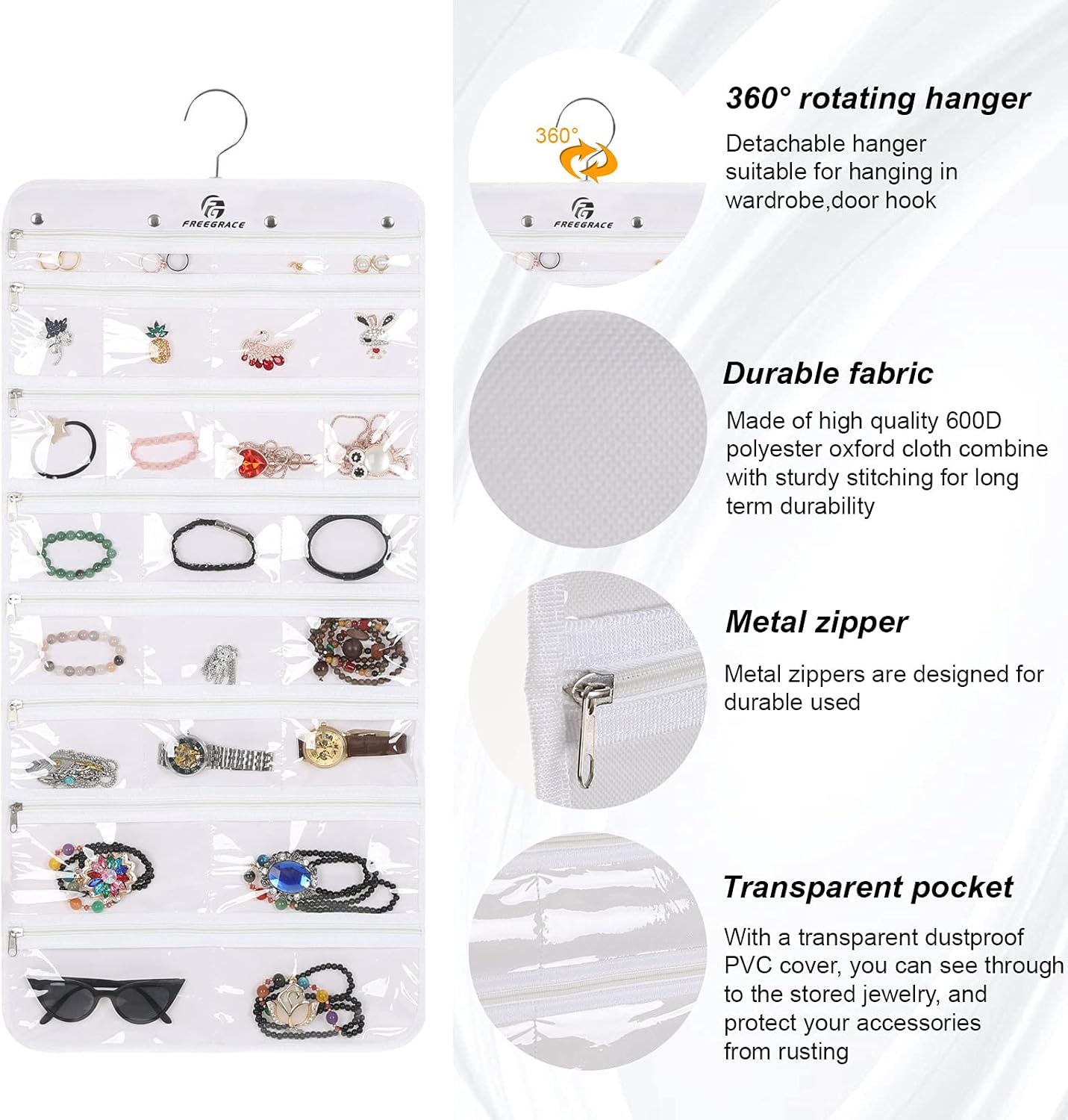 Freegrace Hanging Jewelry Organizer Revolving Hanger - Secure Zipper Closure - 50 Pockets - Foldable Storage & Display Solution - For All Jewelry & Bijoux (White)