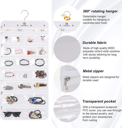 Freegrace Hanging Jewelry Organizer Revolving Hanger - Secure Zipper Closure - 50 Pockets - Foldable Storage & Display Solution - For All Jewelry & Bijoux (White)