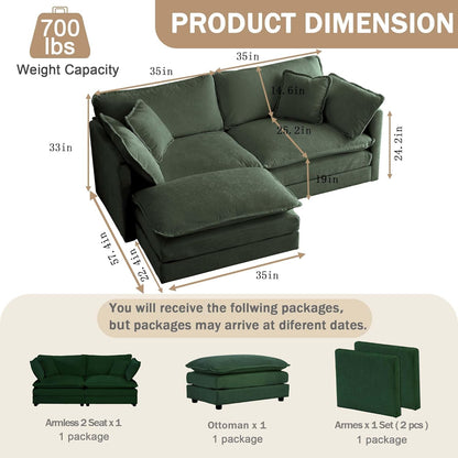 Sectional Sofa 2 Seater with Movable 1 Ottoman,Oversized Modular Couch Deep Seat (Green, 76.7 inch-L)
