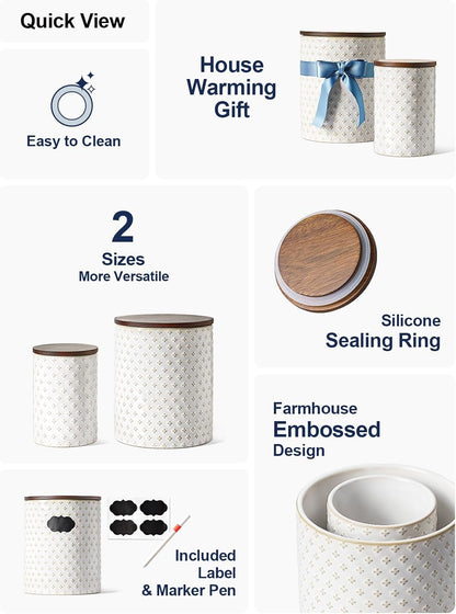 LE TAUCI Food Storage Containers with Airtight Lids, 78/25 oz Ceramic Sugar Canisters Sets, Embossed Large Jars for Pasta, Oats, Coffee Bean, Cookies, Rice, Grains, Tea - Set of 2, Clover