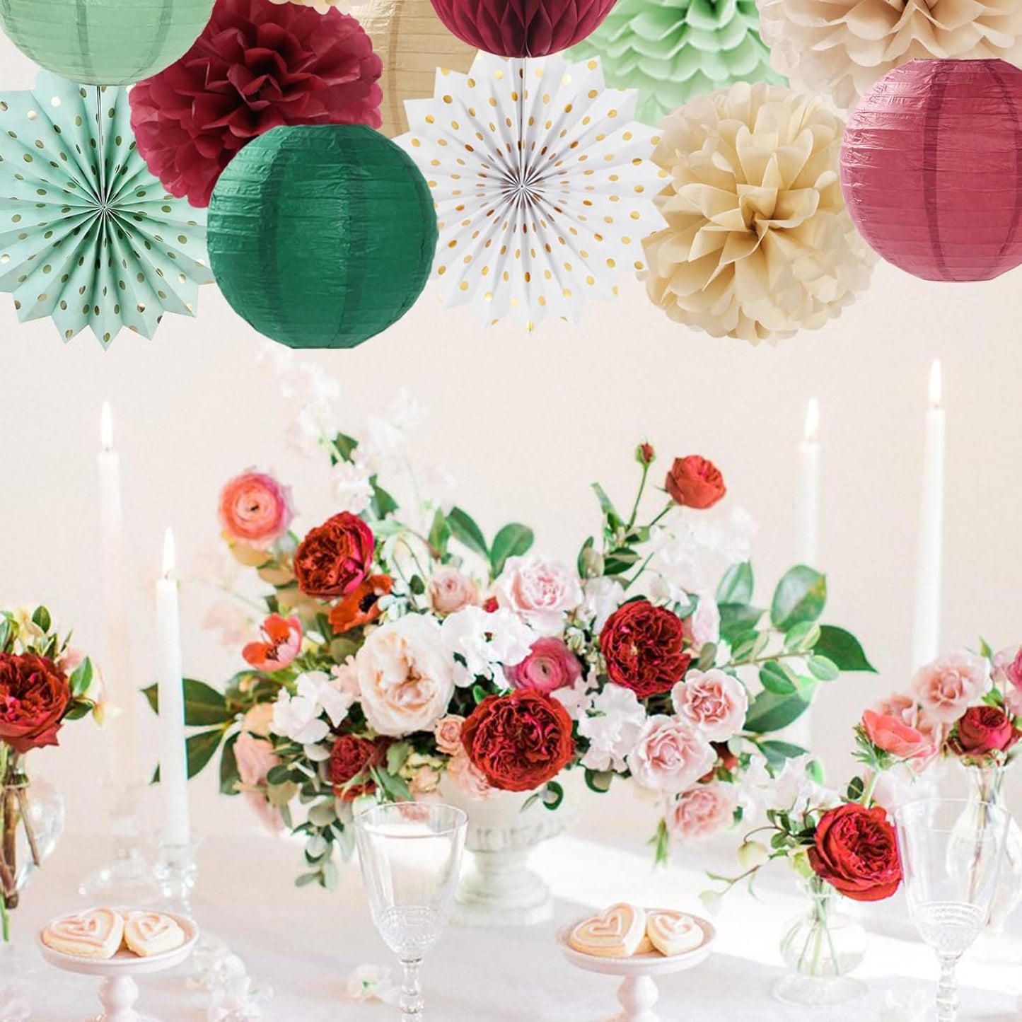 Sage-Olive Green Burgundy Champagne-Gold Party-Decorations - 14pcs Birthday Boho Paper Lanterns Fan Streamers,Tissue Pom Poms, Christmas Baby Bridal Shower Wedding Engagement Decor Lasting Surprise