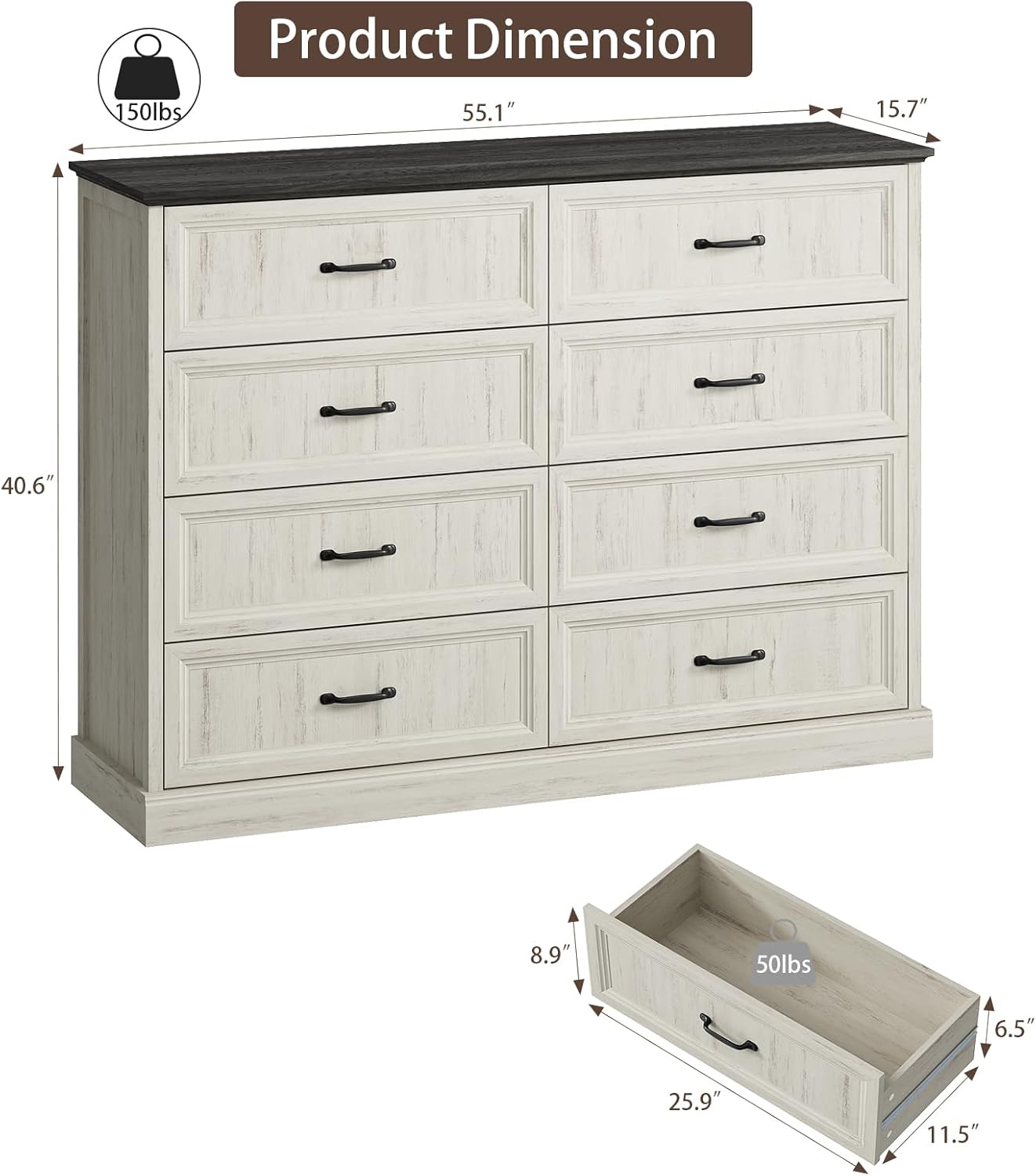 CARPETNAL Farmhouse 8 Drawer Dresser for Bedroom, 55" Wide Modern White Dresser TV Stand with Large Drawers & Bar Handles, Rustic Wood Chest of Drawers for Bedroom, Living Room, Hallway, Entryway.