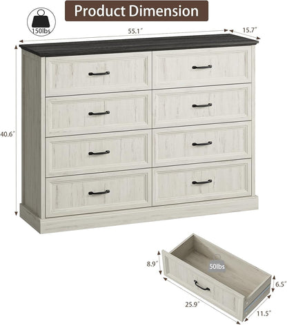 CARPETNAL Farmhouse 8 Drawer Dresser for Bedroom, 55" Wide Modern White Dresser TV Stand with Large Drawers & Bar Handles, Rustic Wood Chest of Drawers for Bedroom, Living Room, Hallway, Entryway.