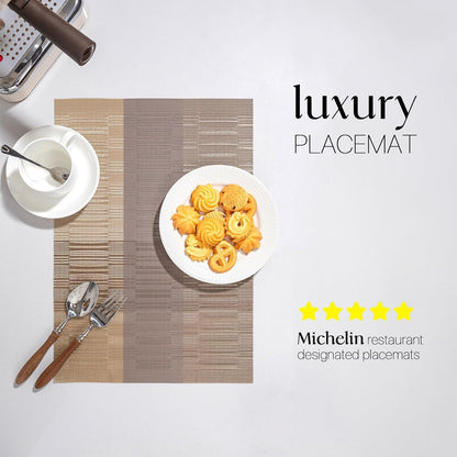 LEXMORE PlaceMats Set of 12 Vinyl/Plastic Woven Place Mats for Kitchen Table Indoor/Outdoor Washable PlaceMat Wipeable Dining Table Mats(Gold Dune)