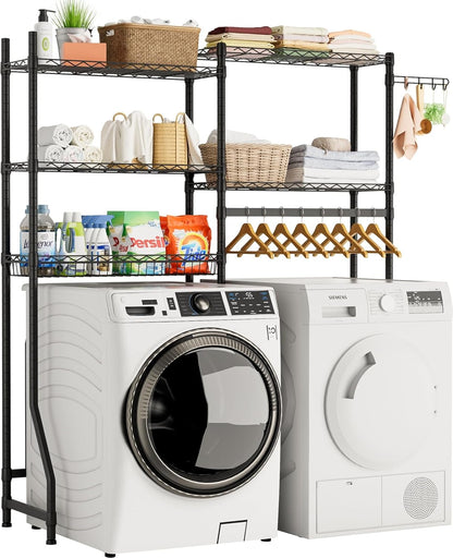Over Washer and Dryer Shelves,Heavy Duty Laundry Room Storage Organization Clothes Drying Rack,5 Tier Adjustable Height Wire Shelving and Wire Basket with Hanger Rod&Hook,Space Saving Shelf