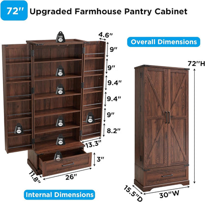 72‘’ Farmhouse Kitchen Pantry Cabinet with Drawer, Tall Storage Cabinet with 2 Barn Doors and Shelves, Versatile Large Rustic for Dining Room, Bathroom, Living Room, Laudry, Brown