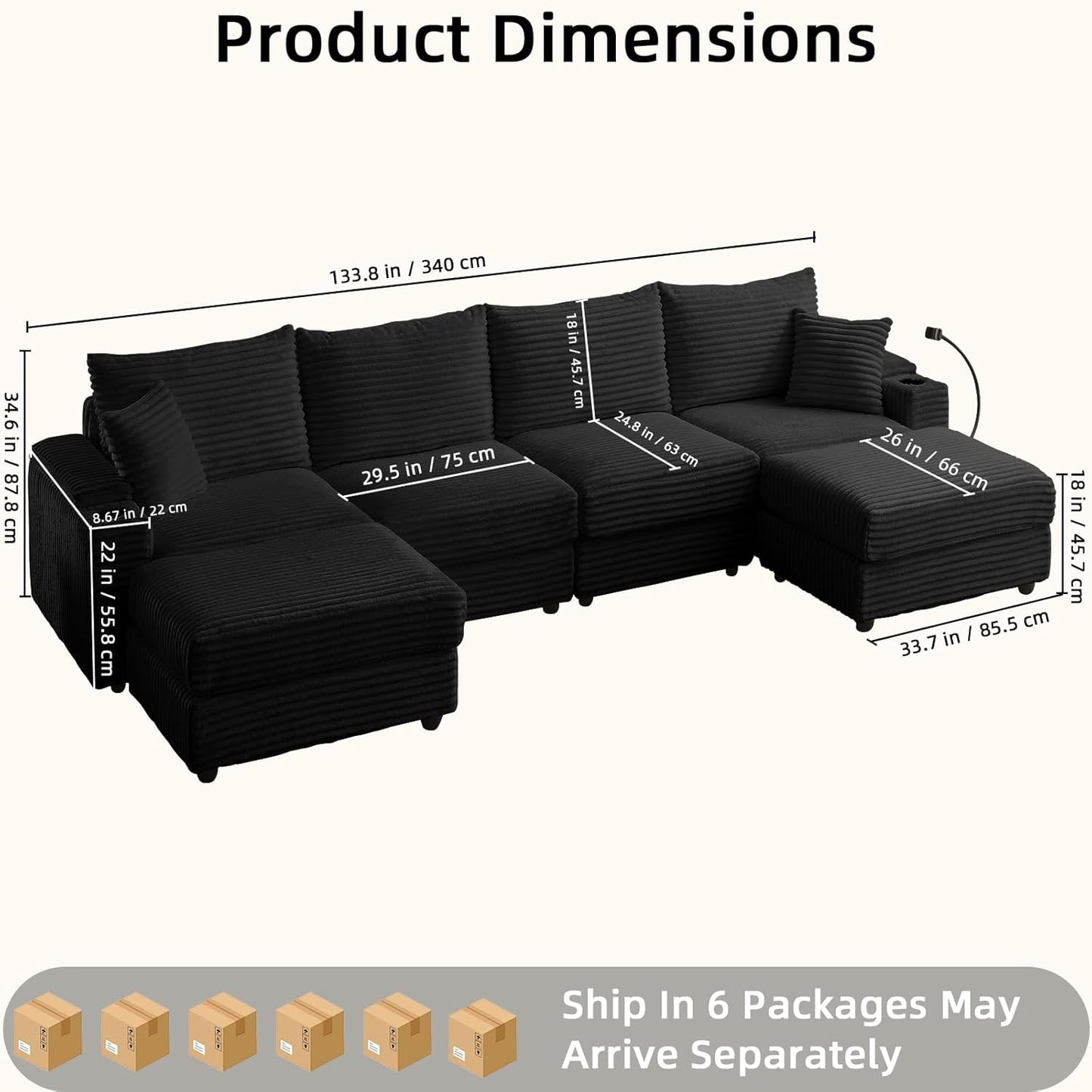Modular Sectional Sofa Couch, Plush Corduroy Fabric Sectional Couches for Living Room with USB Charging Ports, Phone Holders, and Multi-Functional Storage Armrests (Black, 4set+2ottoman)
