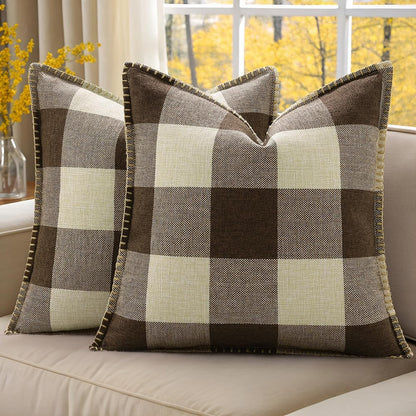 decorUhome Buffalo Plaid Check Throw Pillow Covers 16x16 Set of 2, Outdoor Decorative Farmhouse Neutral Pillow Covers with Stitched Edge for Bed Couch Sofa, Brown and Beige