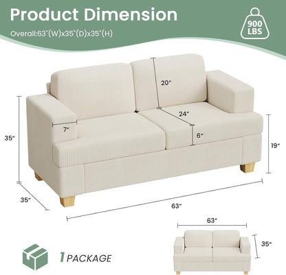 2 Pieces Corduroy Couch Set for Living Room, 5 Seats Cloud Sofa, Deep Seat Floor Couch for Bedroom, Futon Modern Sofa Bed, White Corduroy