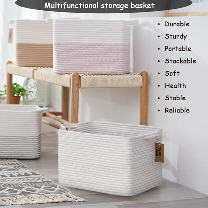 COMFY-HOMI Cotton Rope Woven Basket with Handles for Shelves,Toys,Book, Cloth Storage Baskets Bin for Organizing-13.5"x11"x9.5" Toy Decorative Organizer for Living Room, Bathroom-All White