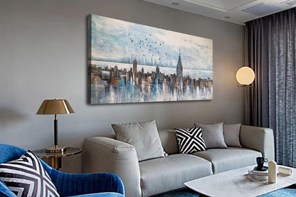 Arjun Cityscape Wall Art New York City Skyline Buildings Picture Modern Abstract Grey NYC Skyline Birds City View Painting Framed Artwork for Bedroom Living Room Home Office Decor Extra Large 58"x29"