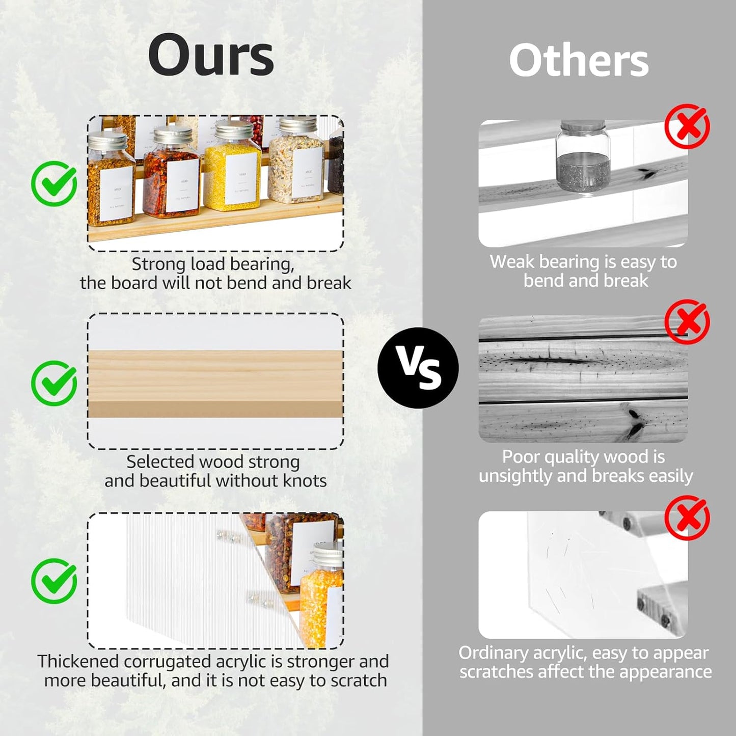 nianfeng Tiered Spice Rack, 5-Tier Spice Pantry Kitchen Cabinet Organizer, 19.9-Inch, Natural Wood Acrylic Stair Riser Stand, Countertop Seasoning Shelf