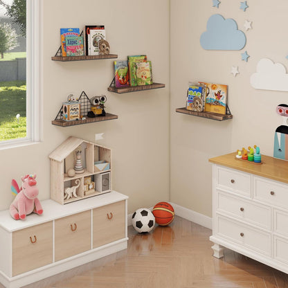 Homode Floating Shelves, Set of 2 Mountain Wall Shelves, Rustic Wood Display Storage Shelf with Metal Wire, Geometric Decor for Bathroom, Nursery, Bedroom, Office, Brown and Black