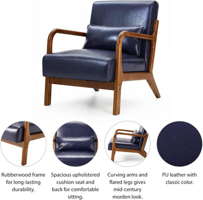 Glitzhome 2 Set Mid Century Navy Blue Accent Armchair, Single Reading Armchair PU Leather Lounge Chair with Walnut Ruberwood Frame