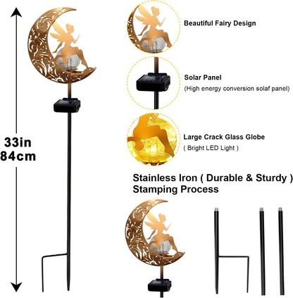 YJFWAL 2 Pack Garden Solar Lights Pathway Stake Lights Moon Fairy Glass Globe with Angel Decor, Gardening Birthday Gift for Mom Grandma Friends, Outdoor Decor Light Waterproof for Walkway, Yard, Patio