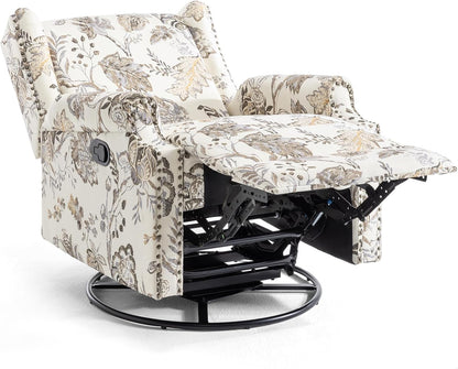 UIXE Swivel Rocker Manual Recliner Chair, Wingback Swivel Glider Fabric Nursery Reclining Sofa Chair, High Back Upholstered Arm Chair for Living Room Bedroom - Beige Plants