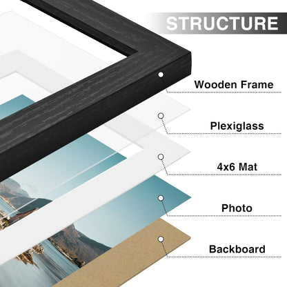Vittanly 5x7 Picture Frames Set of 9, Shatter Resistant Plexiglass, Display 4x6 Pictures with Mat or 5x7 without Mat, Photo Frames for Wall or Tabletop, Engineered Wood, Black