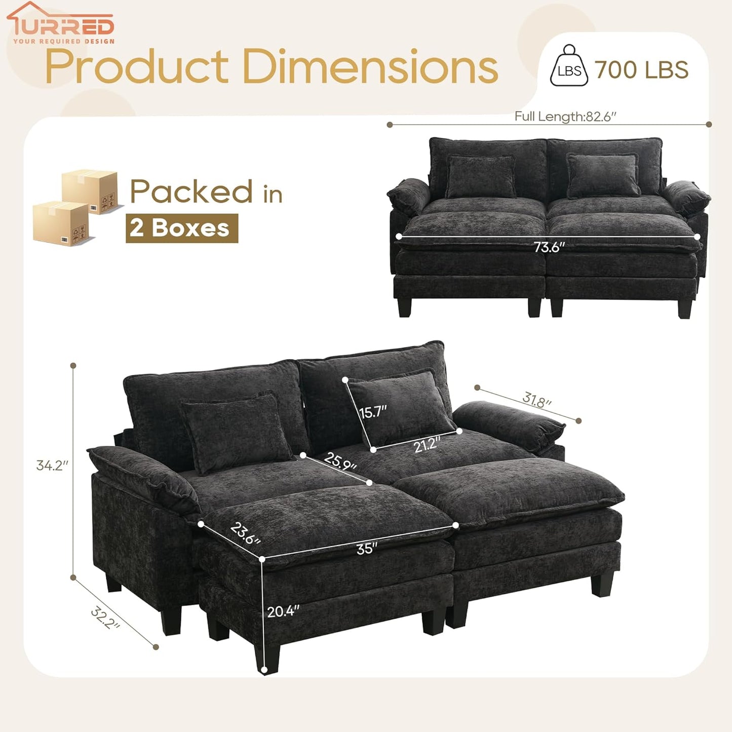 URRED Modular Sectional Sofa Comfy Cloud Couch, Modern Chenille Sofa Sleeper Deep Seat Couches with Ottoman/Pillows for Living Room (Black, 82.6''- 2 Ottomans)