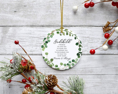 Andaz Press Round Ceramic Porcelain Christmas Tree Ornament Keepsake Collectible Gift, Godchild I Promise to Love You, Farmhouse Eucalyptus Wreath, 1-PackBaby Shower Baptism Christening Gift Ideas