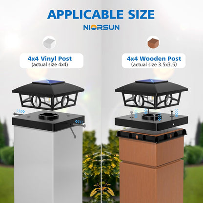 NIORSUN Solar Post Lights Outdoor, Fence Post Solar Lights Warm White Outdoor Waterproof Edison LED Bulbs Garden Patio Fence Deck Decor, 4x4 Post Caps Wood Vinyl, Black 12 Pack