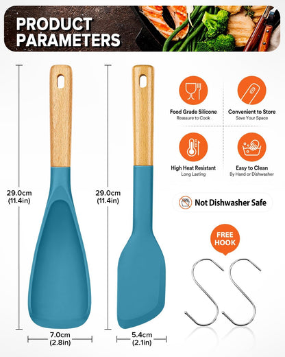Cooking Spoon and Scraper for Nonstick Cookwares, Great for Cooking and Serving Durable BPA-Free Matte Silicone, Wood Handle Multifunction Spoon for Mixing, Scoop, and Scrape (BLUE)