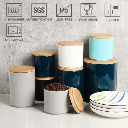 Sweejar Ceramic Kitchen Canister Sets, Porcelain Container for Countertop, Heavy Food Storage Jars with Airthight Seal Bamboo Lid, Servering for Sugar, Coffee Beans, Tea Leaves, Pack of 4（Gray）