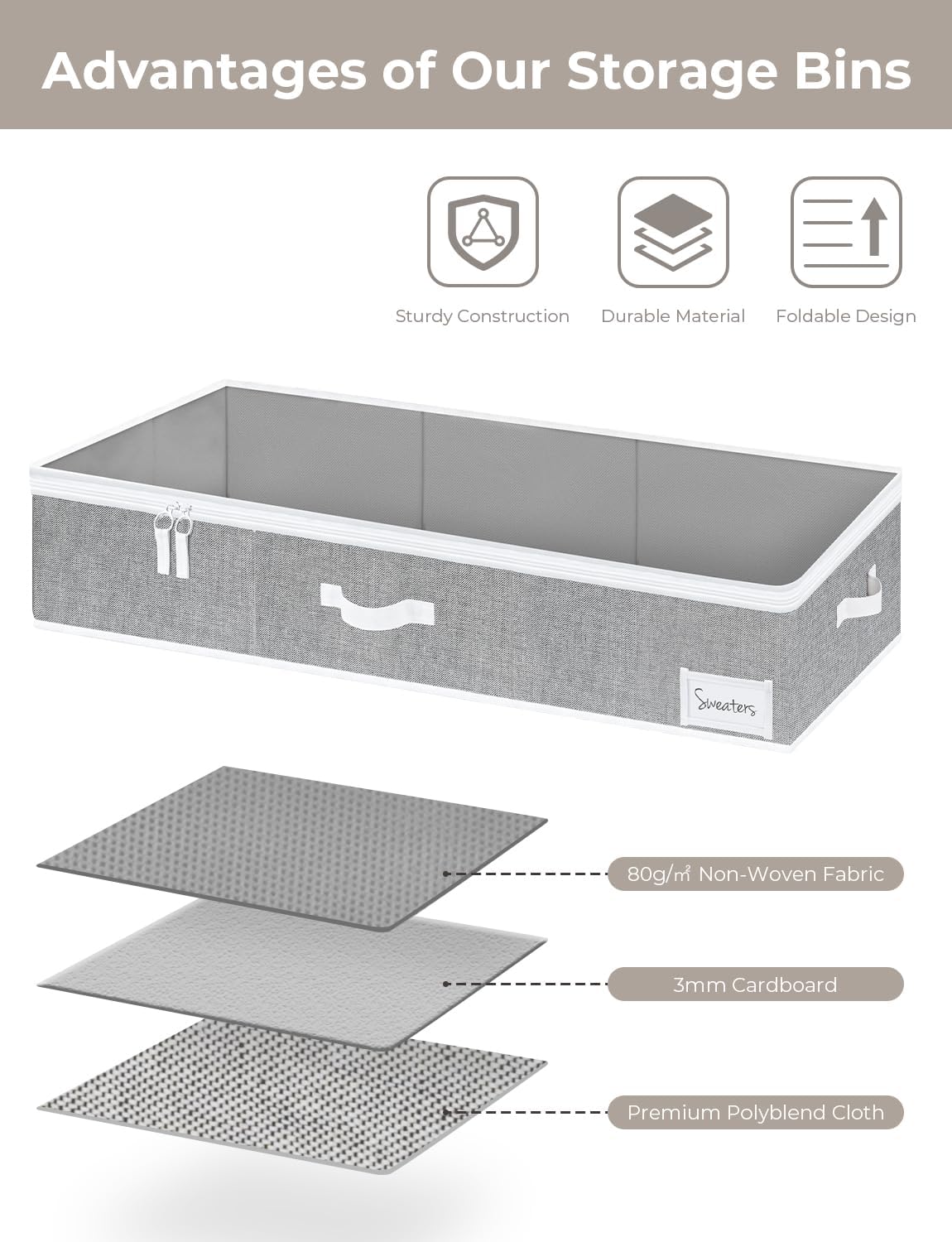 StorageWorks Large Under Bed Storage Containers with Handles and Label Holder, 2 Pack Ultra-thick Fabric Underbed Bins, Closet Organizer for Clothes, Blankets, Sweater