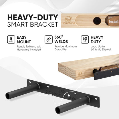 Homeforia 16 inch Black Floating Shelves, High End Solid Real Wood 16inch Bathroom Floating Shelves for Wall Mounted, 16in Wooden Small Floating Shelf, Heavy Duty Bracket, 16 X 6.5 X 1.75 in, Set of 3