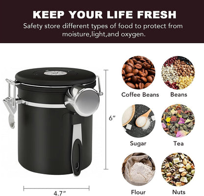 ShanSon Coffee Canister Airtight Coffee Container Stainless Steel Coffee Bean Storage Container with Scoop Coffee Canister for Beans Grounds Sugar Flour Tea Cereal,16OZ, Black
