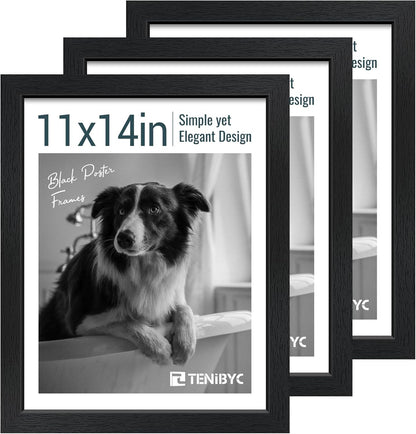 11x14 Picture Frame Set - 3 Pack, Textured Black Solid Wood, HD Tempered Glass, Wall Gallery Photo Frame