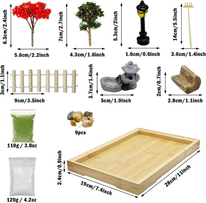Cayway Mini Zen Sand Garden Kit - Patio Sandbox Decorations Zen Decor With White Sand, Model Trees, Mini Fences, Chairs for Home Office Desktop Decor