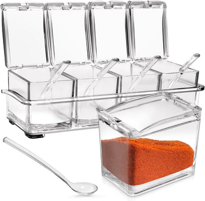 4-Cell Clear Seasoning Rack Spice Box, Storage Container Condiment Jars Acrylic Seasoning Box with Cover and Spoon (Enhanced Version Clear)
